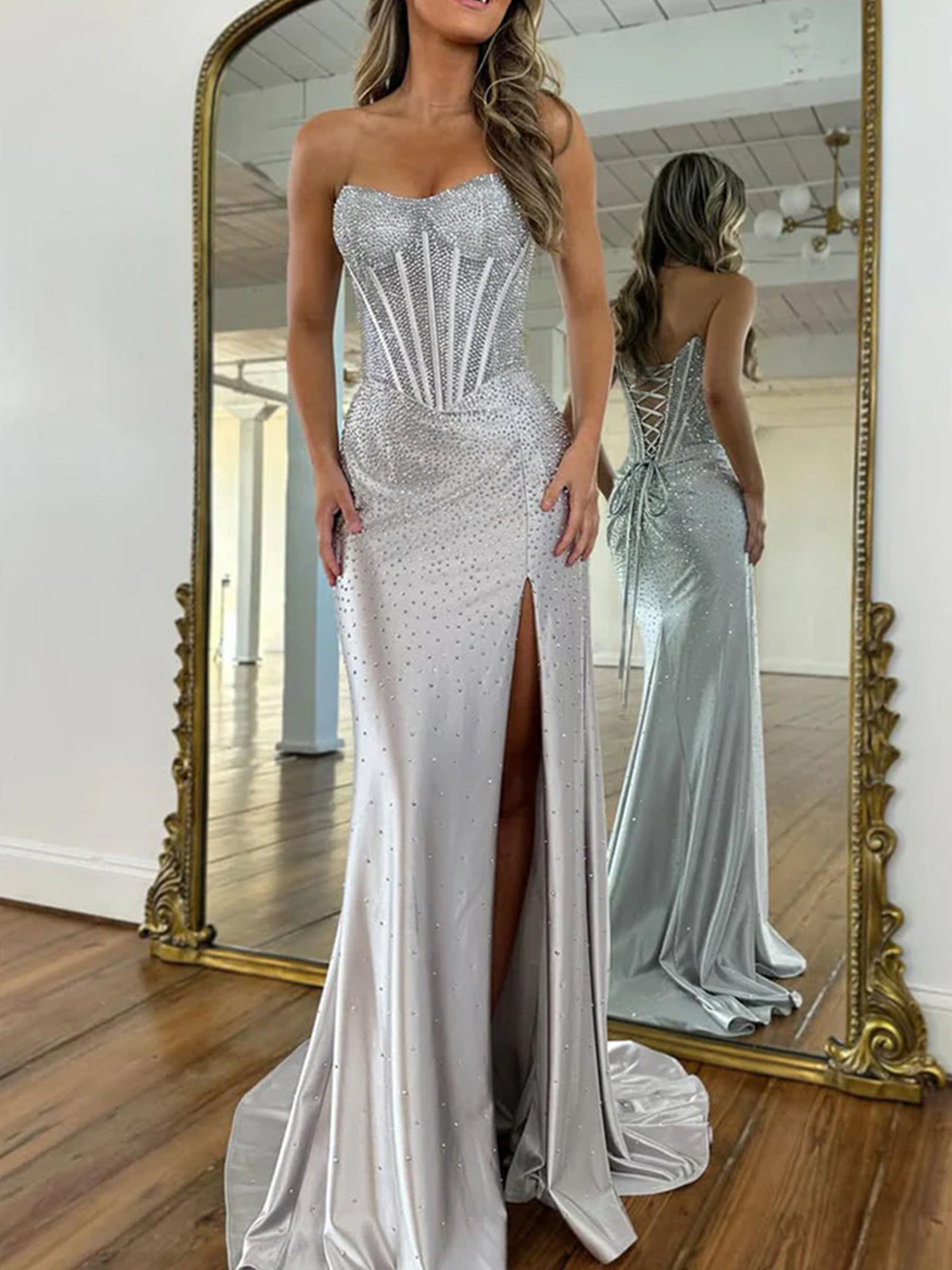 Mermaid Strapless Corset Beaded Long Prom Dress with Slit