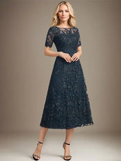 A-line Scoop Illusion Tea-Length Lace Mother of the Bride Dress With Sequins