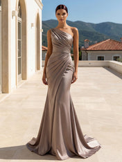 Evening Dress Wisteria Long Sleeves One Shoulder Pleat Maxi Dress