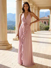 Dusty Pink Halter V-Neck Maxi Dress with 3D Flower Ruffle Chiffon Gown
