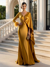 Evening Dress Blue Long Sleeves Ruffle Maxi Dress with Feather