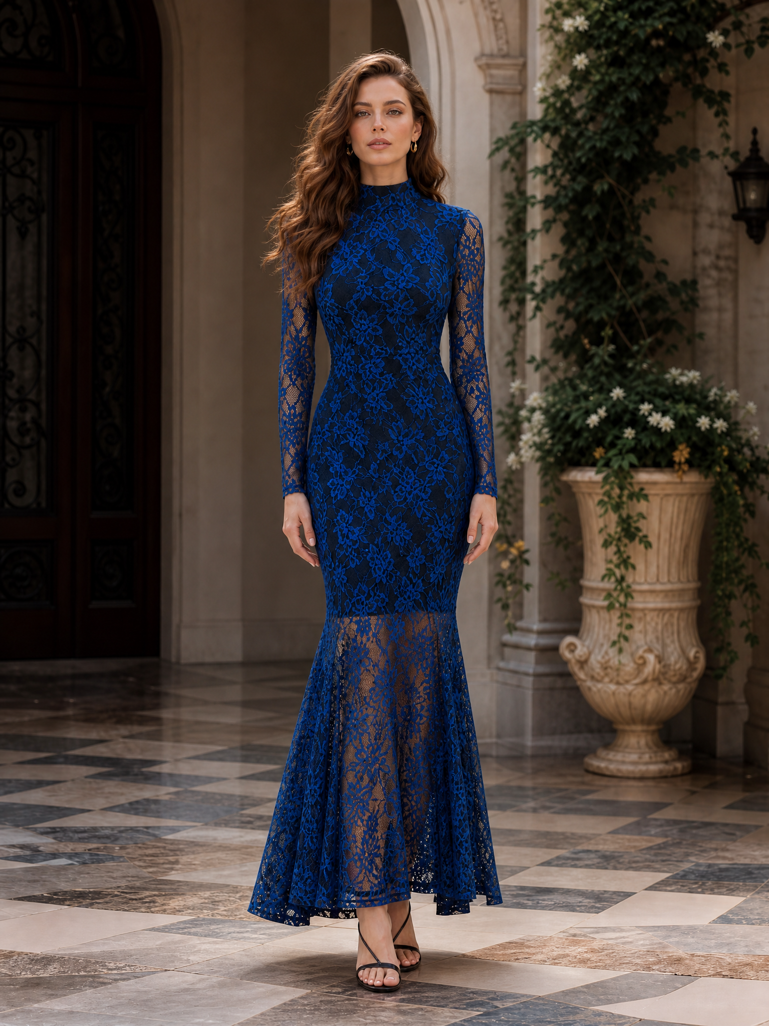 Royal Blue Mock Neck Long Sleeve Lace Floor-Length Gown Dress