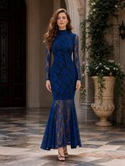 Royal Blue Mock Neck Long Sleeve Lace Floor-Length Gown Dress