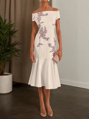 Apricot White Floral Off The Shoulder Mermaid Midi Dress