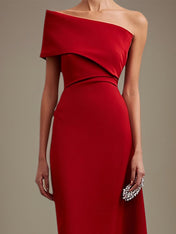 Cocktail Party Dress One Shoulder Red Ankle Length Dress