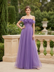 3D Rose A-Line/Princess Off-the-Shoulder Floor-Length Evening Dresses with Tulle