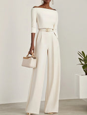Women White Off The Shoulder Half Sleeve Dressy Jumpsuit
