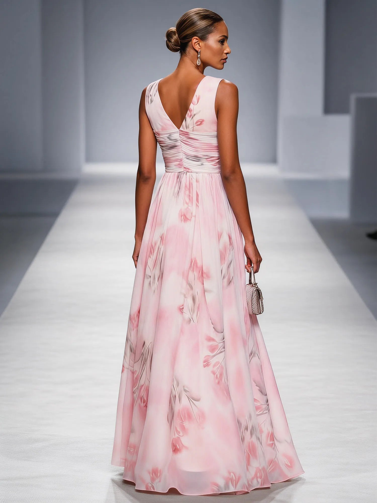 Romantic Light Pink Floral Print Chiffon A-Line Evening Gown with Ruched V-Neck