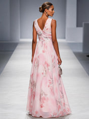 Romantic Light Pink Floral Print Chiffon A-Line Evening Gown with Ruched V-Neck