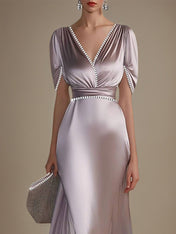 A Line Pink Pearl Satin V Neck Short Sleeves Formal Dress With Slit