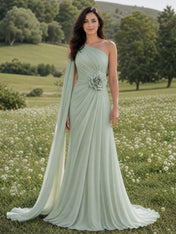 Elegant One-Shoulder Chiffon A-Line Evening Dress with 3D Floral Detail and Draped Cape