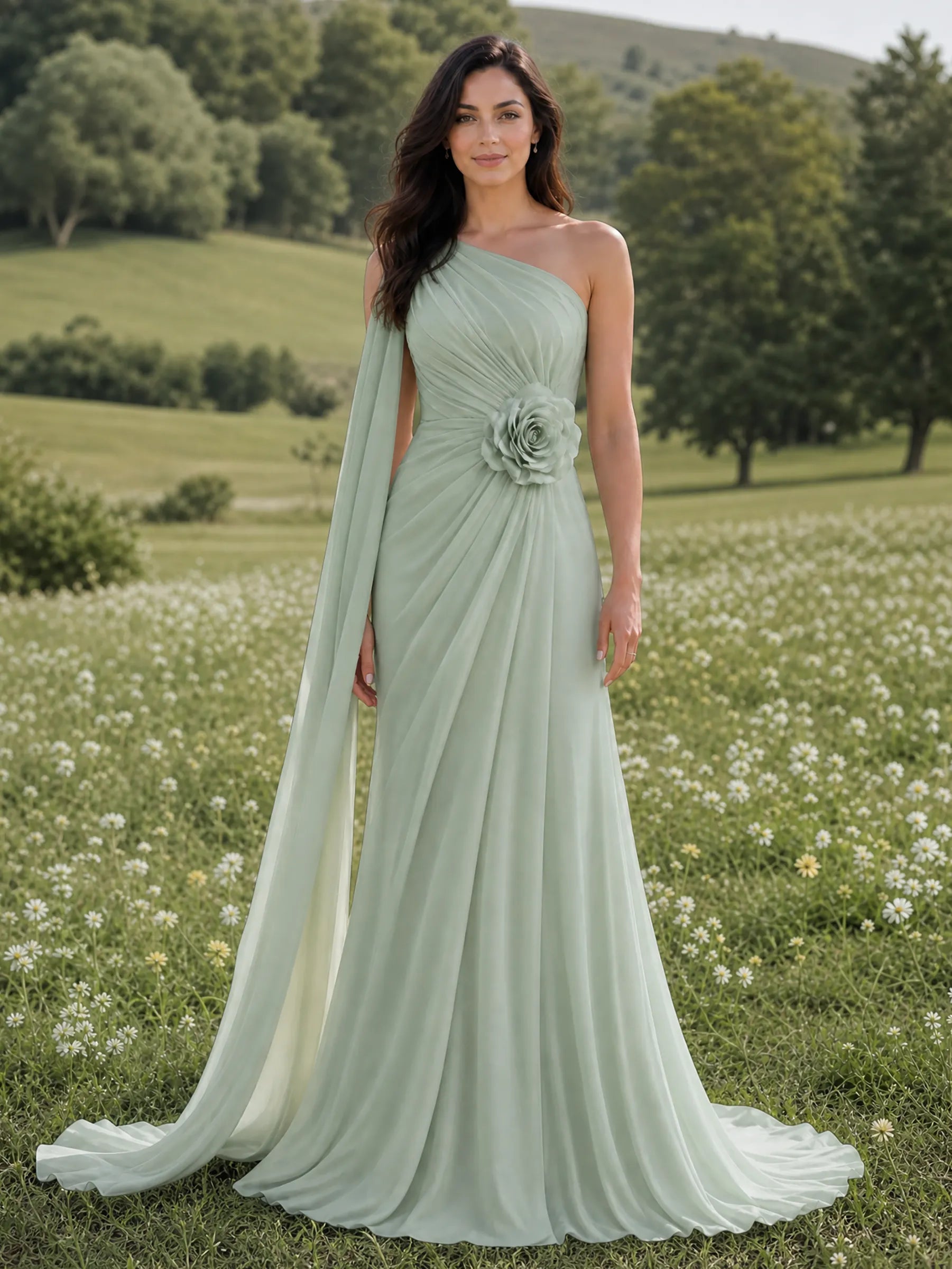 Elegant One-Shoulder Chiffon A-Line Evening Dress with 3D Floral Detail and Draped Cape
