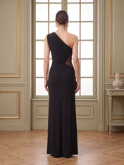 One-Shoulder Draped Black Gown with Illusion Lace Inset and Front Drape
