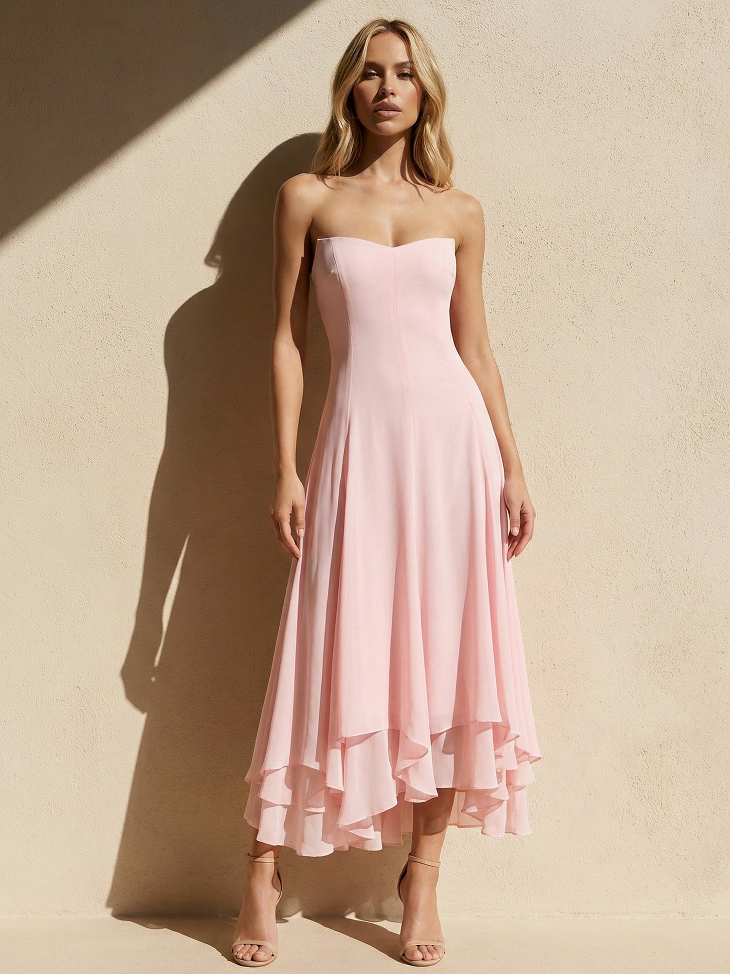 Pink Strapless Tiered Maxi Dresses A Line Chiffon Formal Dress