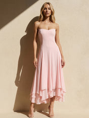 Pink Strapless Tiered Maxi Dresses A Line Chiffon Formal Dress