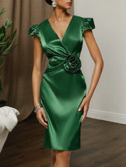 Green Petal Sleeve 3D Floral Satin Sheath Midi Dress