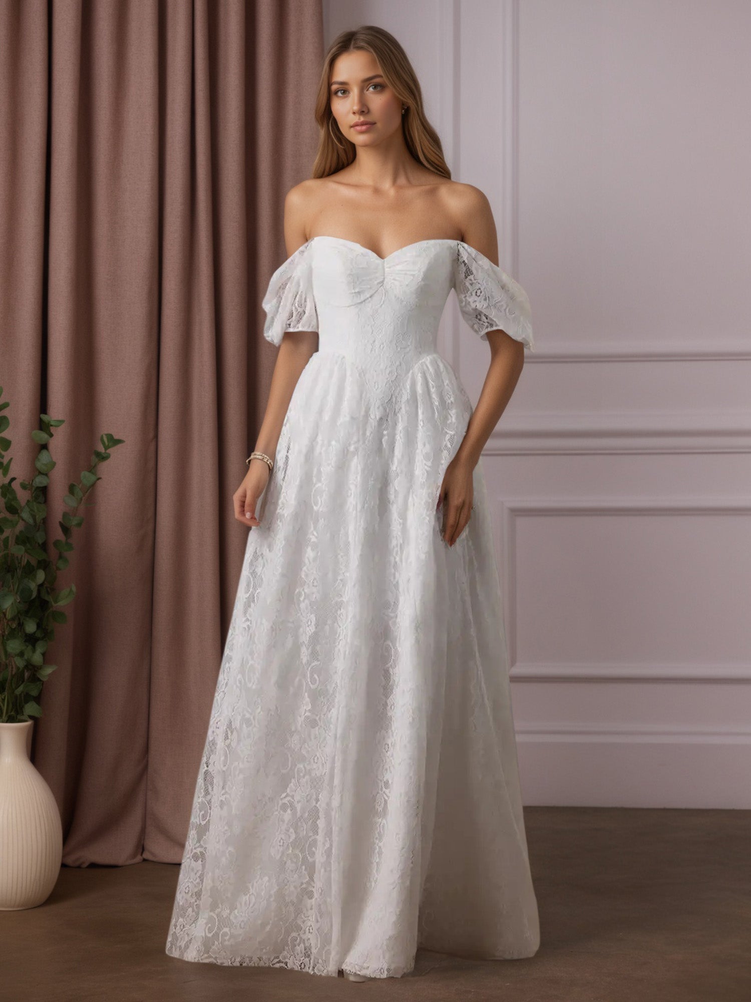 White A-Line Sweetheart Neckline Lace Wedding Dress