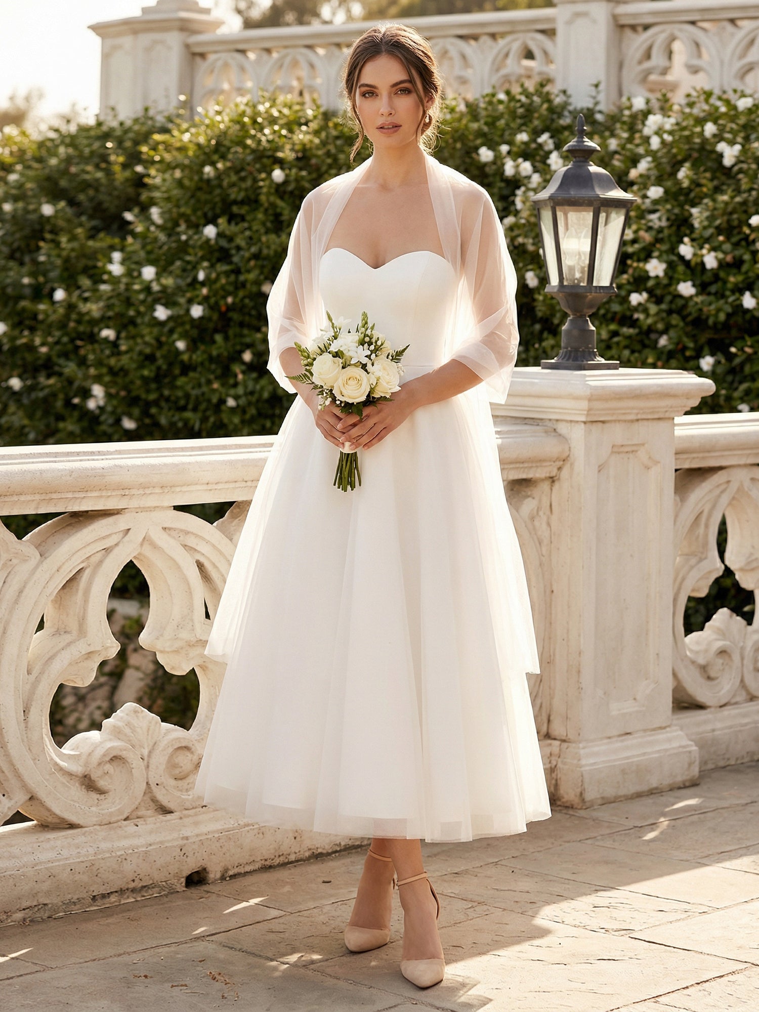 White Sweetheart Tea Length A Line Maxi Gown with Scarf