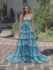 Strapless Pleated Metallic Tiered Ball Gown Prom Dress with Floral Accent