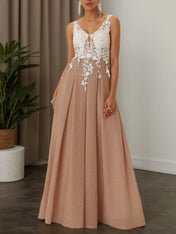 Apricot Lace Prom Dress V Neck Sleeveless A-Line Maxi Dress