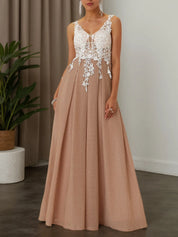 Apricot Lace Prom Dress V Neck Sleeveless A-Line Maxi Dress