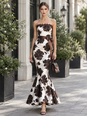 Cream and Brown Floral Strapless Trumpet Evening Dress with Satin Bow Sash
