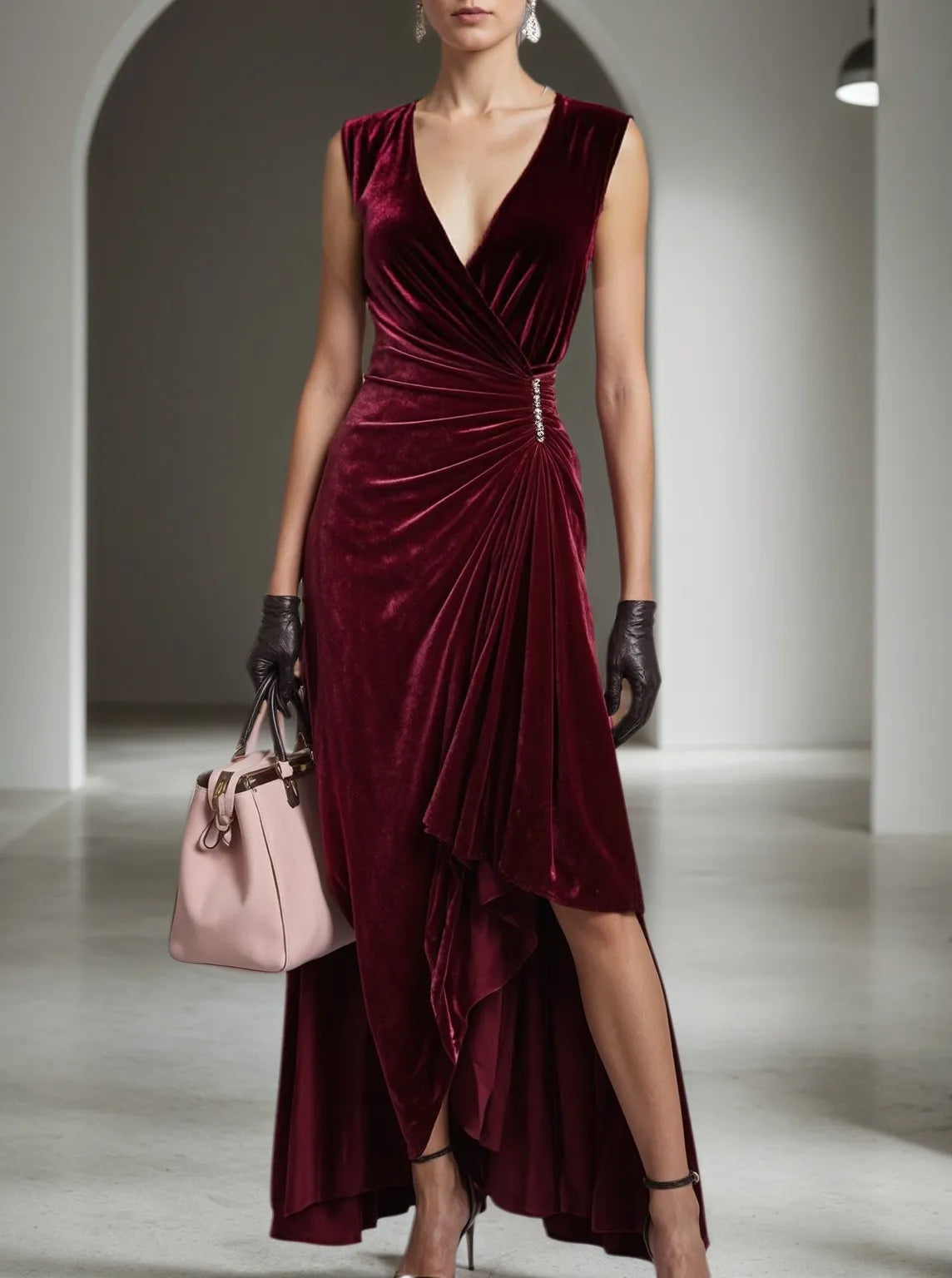 Wine Red Rhinestone Peplum Velvet V Neck Sleeveless A-Line Midi Dress