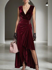 Wine Red Rhinestone Peplum Velvet V Neck Sleeveless A-Line Midi Dress