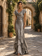 Cowl-Neck Metallic Tiered Ruffle Mermaid Evening Dress