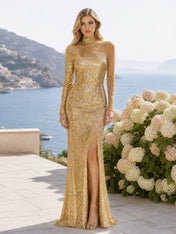 One-Shoulder Sequin High-Neck Long Evening Dress with Slit