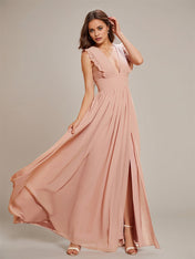 Dusty Rose A Line Chiffon V Neck Sleeveless Floor-Length Bridesmaid Dresses With Ruffles