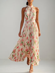 Pink Pleated Floral Chiffon Halter Sleeveless A-Line Mock Neck Maxi Dress