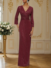 Red Ruched Sequin V Neck Three Quarter Sleeve Sheath Maxi Dress