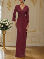 Red Ruched Sequin V Neck Three Quarter Sleeve Sheath Maxi Dress
