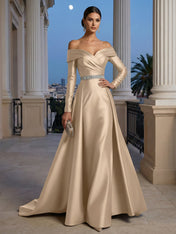 Formal Evening Dress Champagne Long Sleeves Maxi Dress with Belt