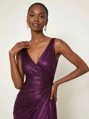 Evening Formal Dress V Neck Silk Ruffles Maxi Dress Gown