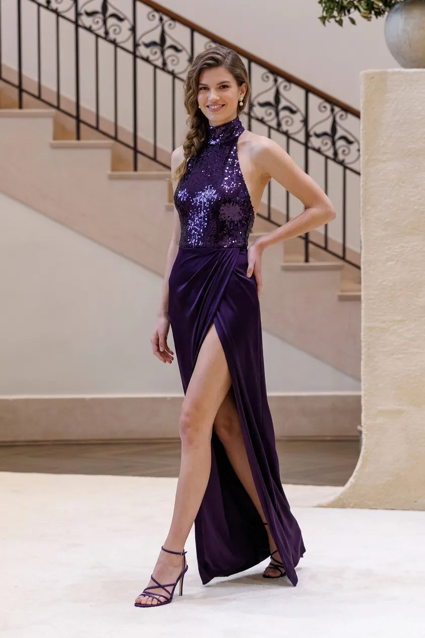 Deep Purple Sequin High-Neck Halter Slit Evening Dress