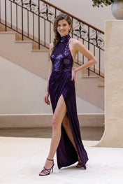 Deep Purple Sequin High-Neck Halter Slit Evening Dress