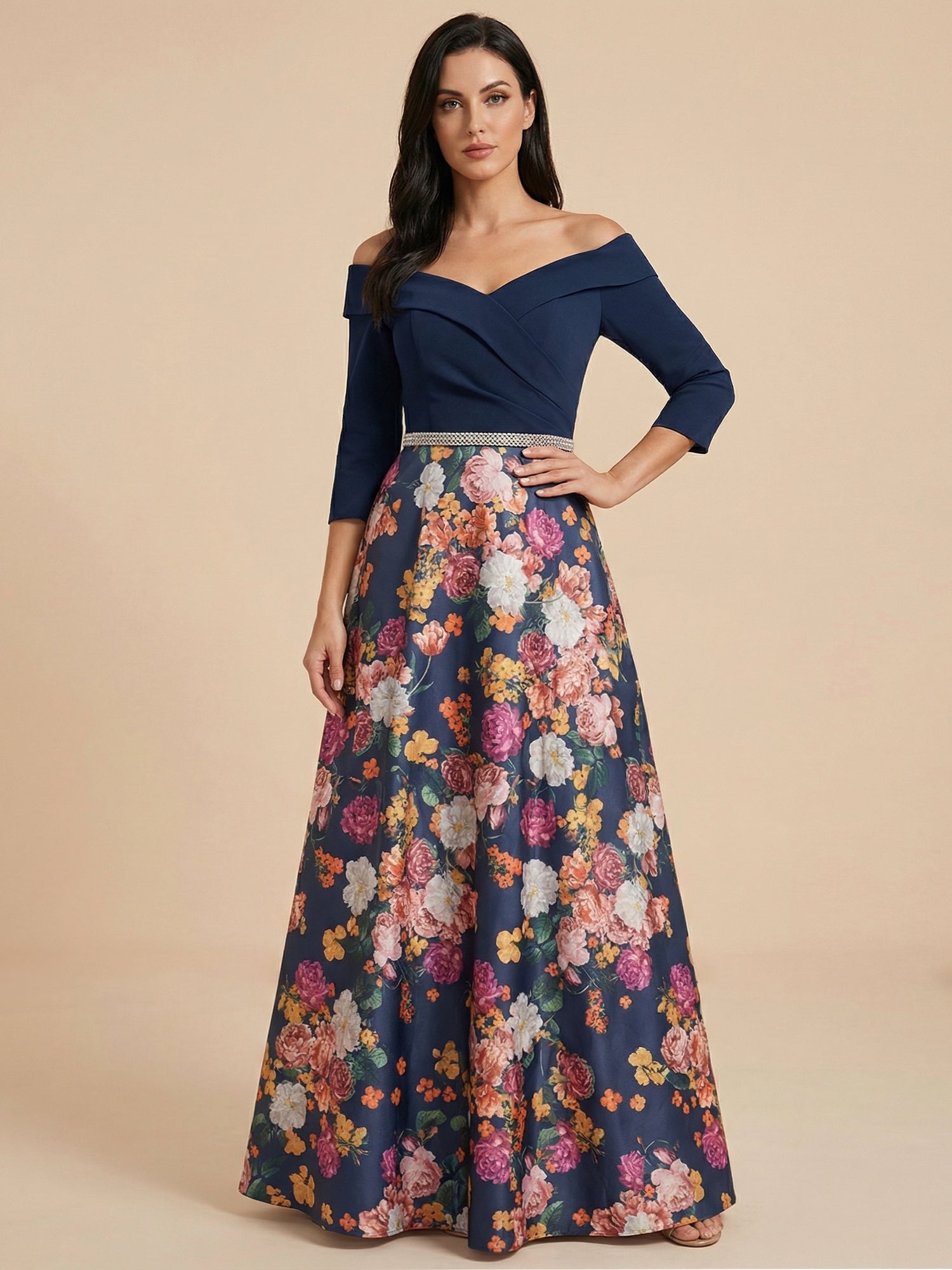 Navy Blue Off the Shoulder 3/4 Sleeves Satin Two-piece Print Floral Mother of the Brides dress