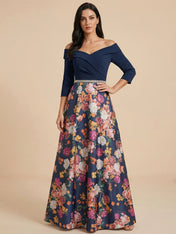Navy Blue Off the Shoulder 3/4 Sleeves Satin Two-piece Print Floral Mother of the Brides dress