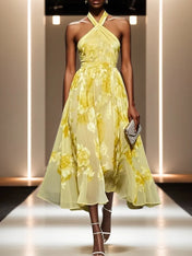 Yellow Floral Chiffon Halter Sleeveless A-Line Midi Dress