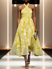 Yellow Floral Chiffon Halter Sleeveless A-Line Midi Dress