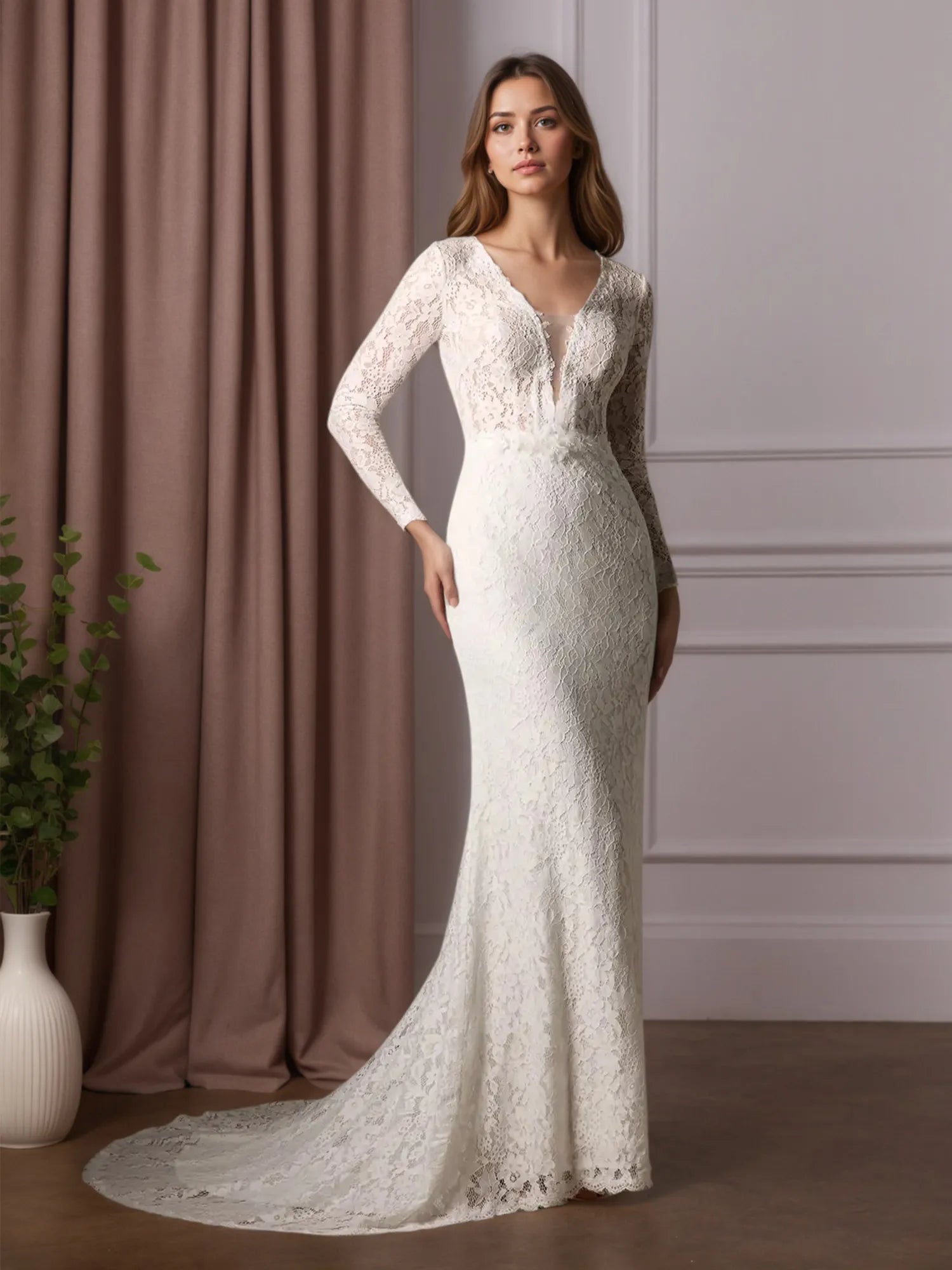 White Sheath V-Neck Tulle Wedding Dress
