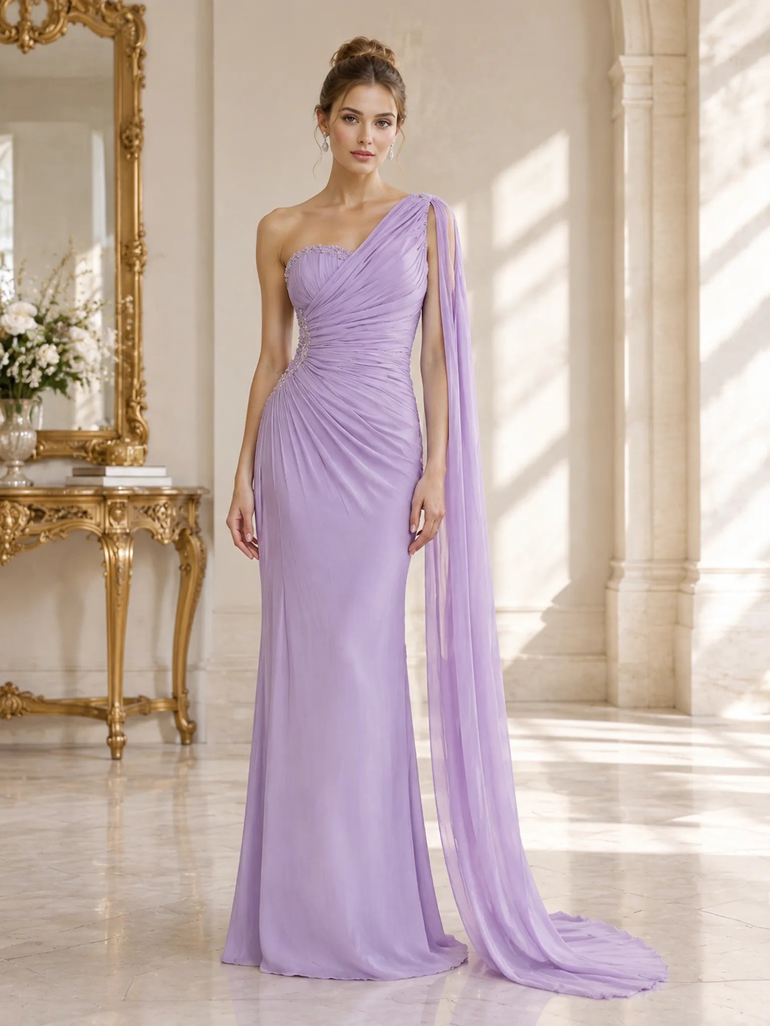 One-Shoulder Draped Chiffon Gown with Cascading Cape Sleeves