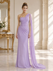 One-Shoulder Draped Chiffon Gown with Cascading Cape Sleeves