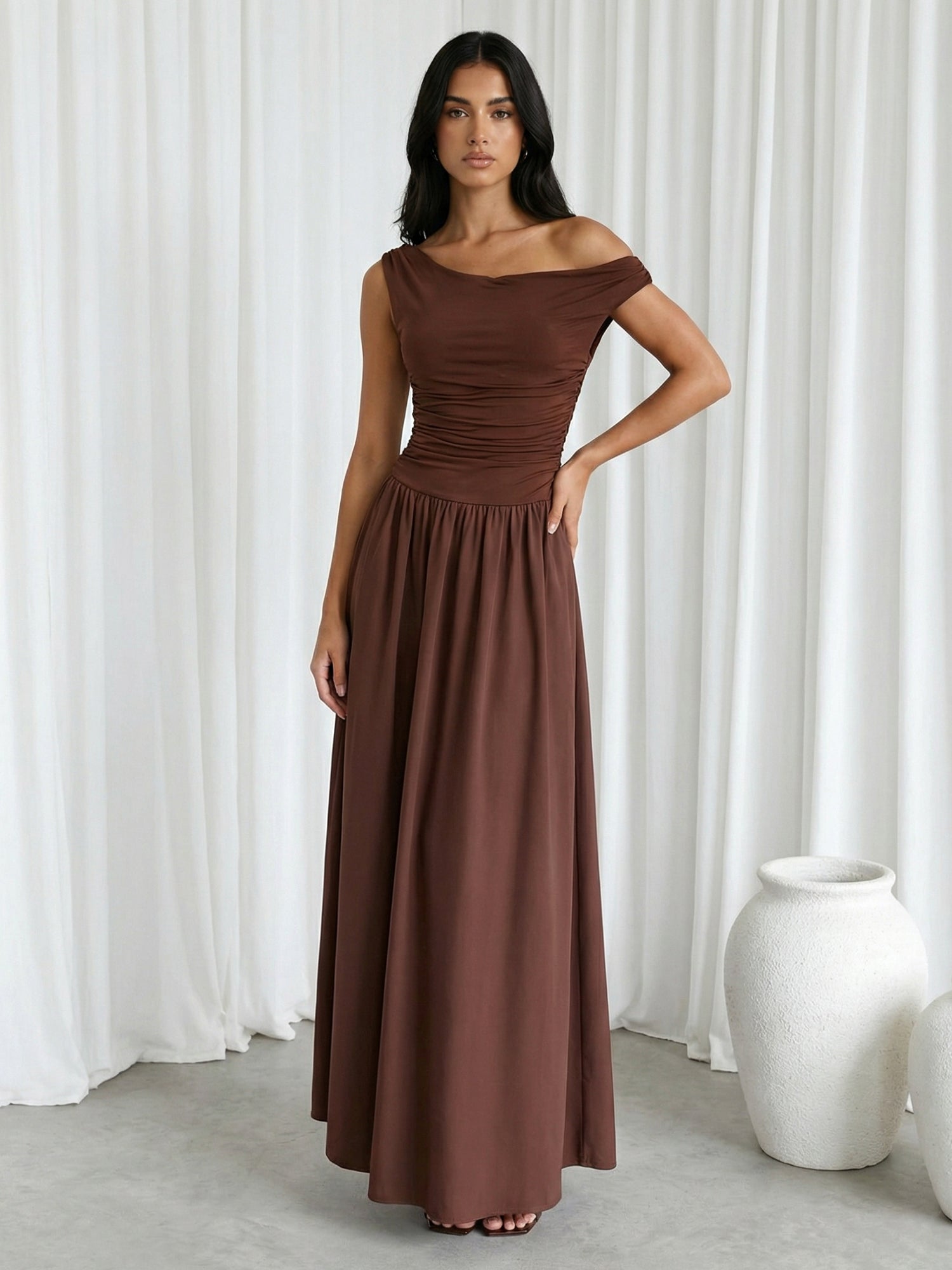 Brown One Shoulder A Line Floor Length Maxi Dress with Pleat
