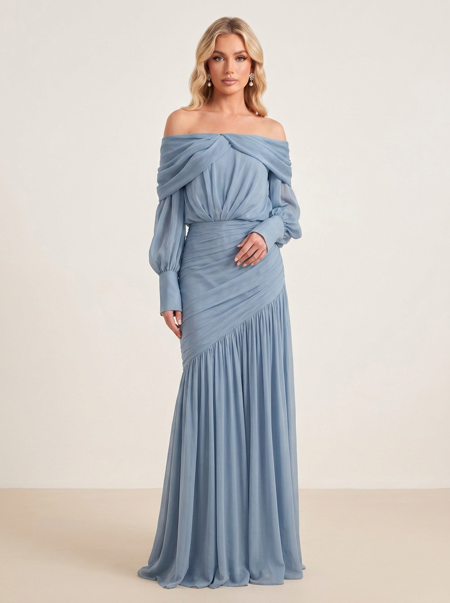 Chiffon Off-The-Shoulder Long-Sleeve Floor-Length Evening Dresses with Pleats
