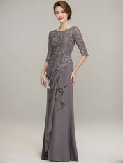 A-line Scoop Illusion Floor-Length Lace Chiffon Mother of the Bride Dress With Cascading Ruffles