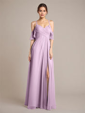 Wisteria A Line Chiffon Spaghetti Straps Sleeveless Floor-Length Bridesmaid Dresses With Ruffles