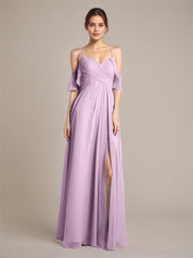 Wisteria A Line Chiffon Spaghetti Straps Sleeveless Floor-Length Bridesmaid Dresses With Ruffles